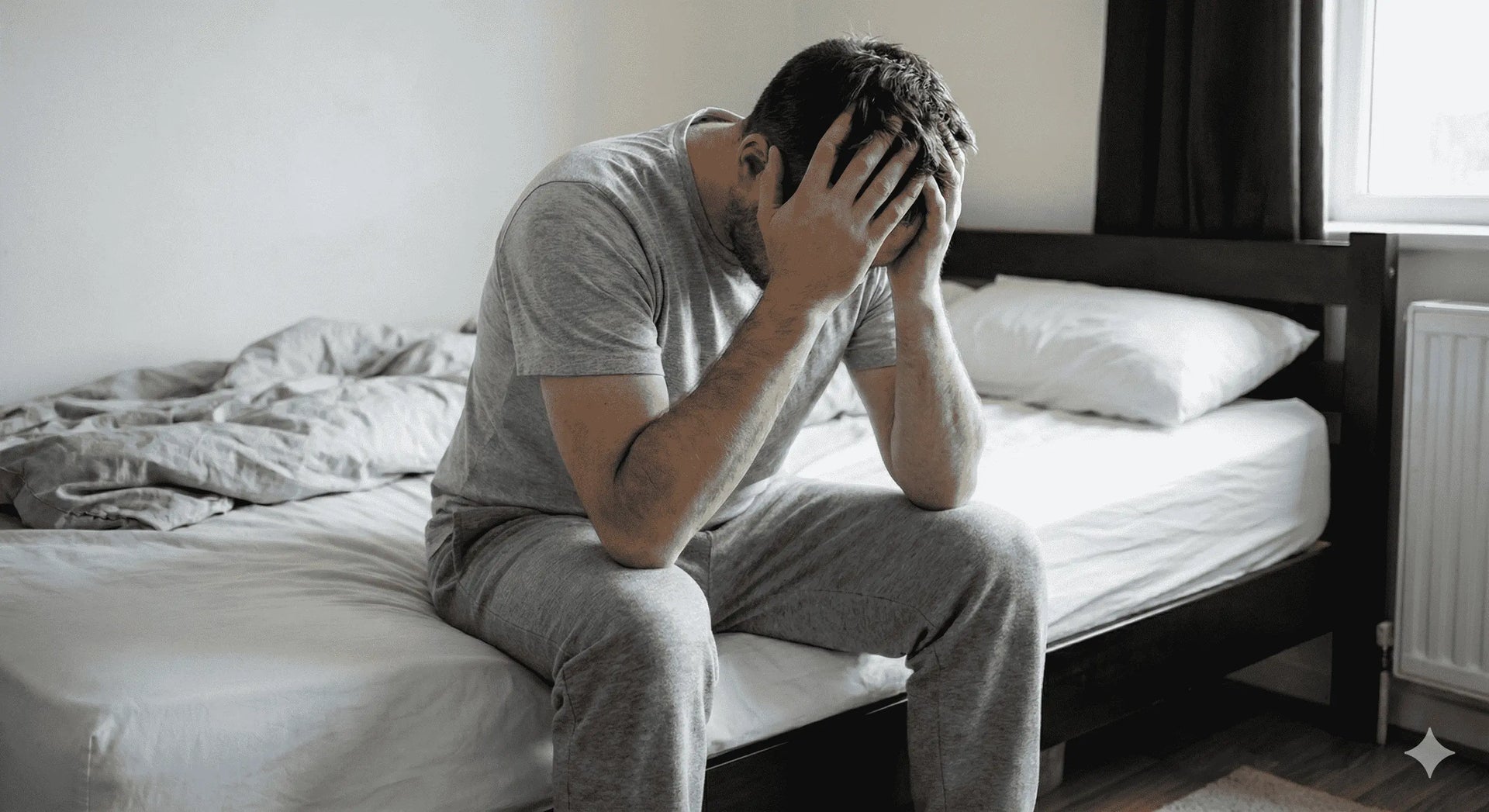 Depicted struggle of premature ejaculation: A man sitting with head in hands after a disappointing sexual experience